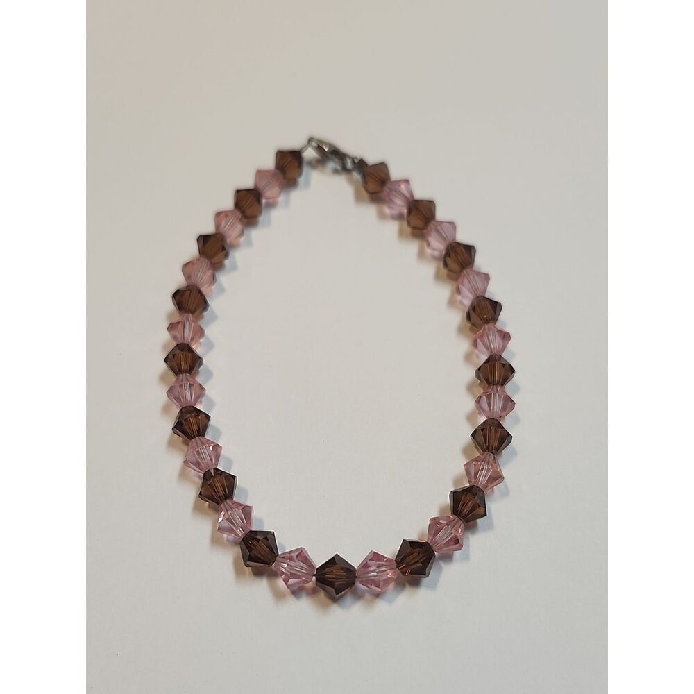 Women's Pink and Brown Crystal Bead Bracelet With Sterling Silver Clasp
